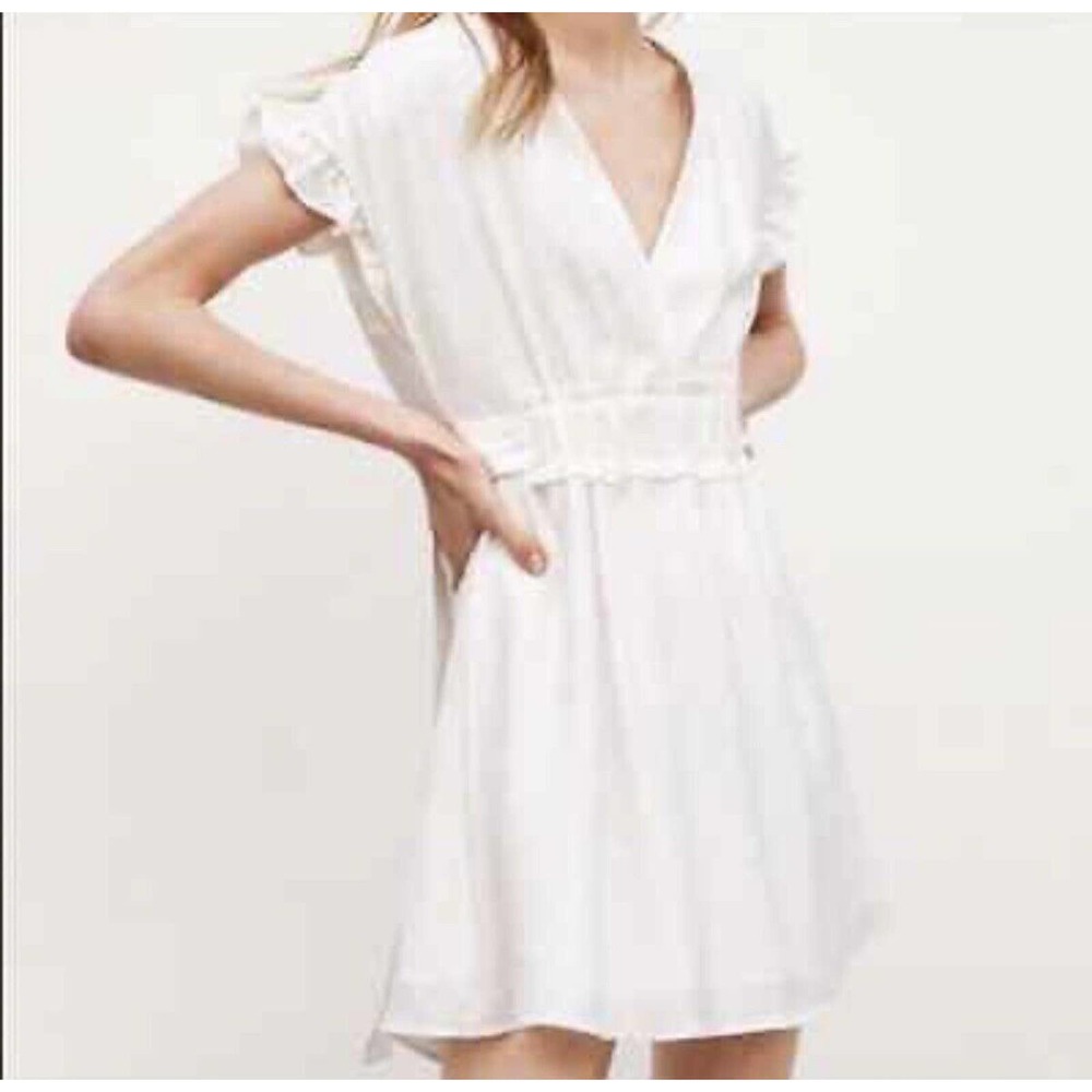 Zara V Neck Side Tie Ruffle‎ Mini Dress White Medium. Ivory. Split Back